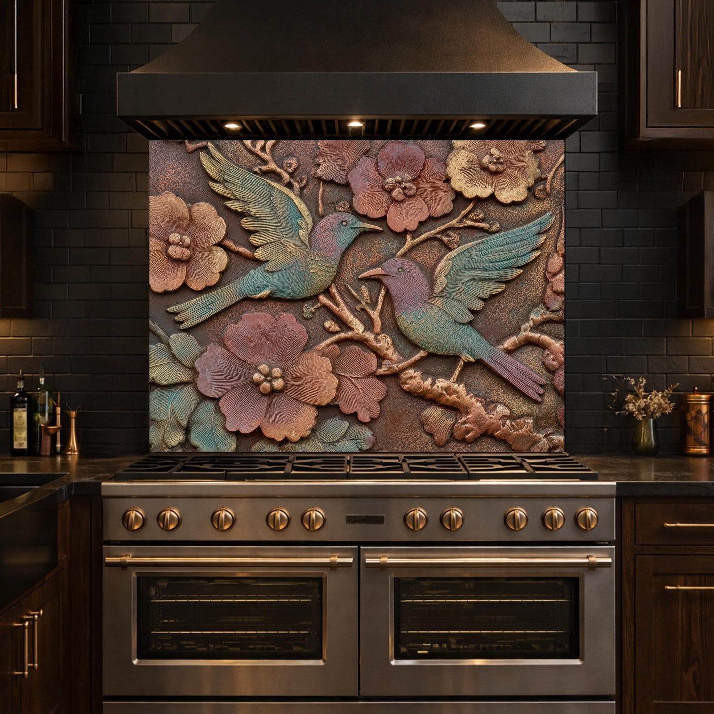 Colorful Songbirds in Copper Floral Relief Tempered Glass Backsplash, Rustic Botanical Wall Panel