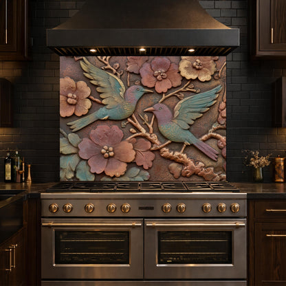 Colorful Songbirds in Copper Floral Relief Tempered Glass Backsplash, Rustic Botanical Wall Panel