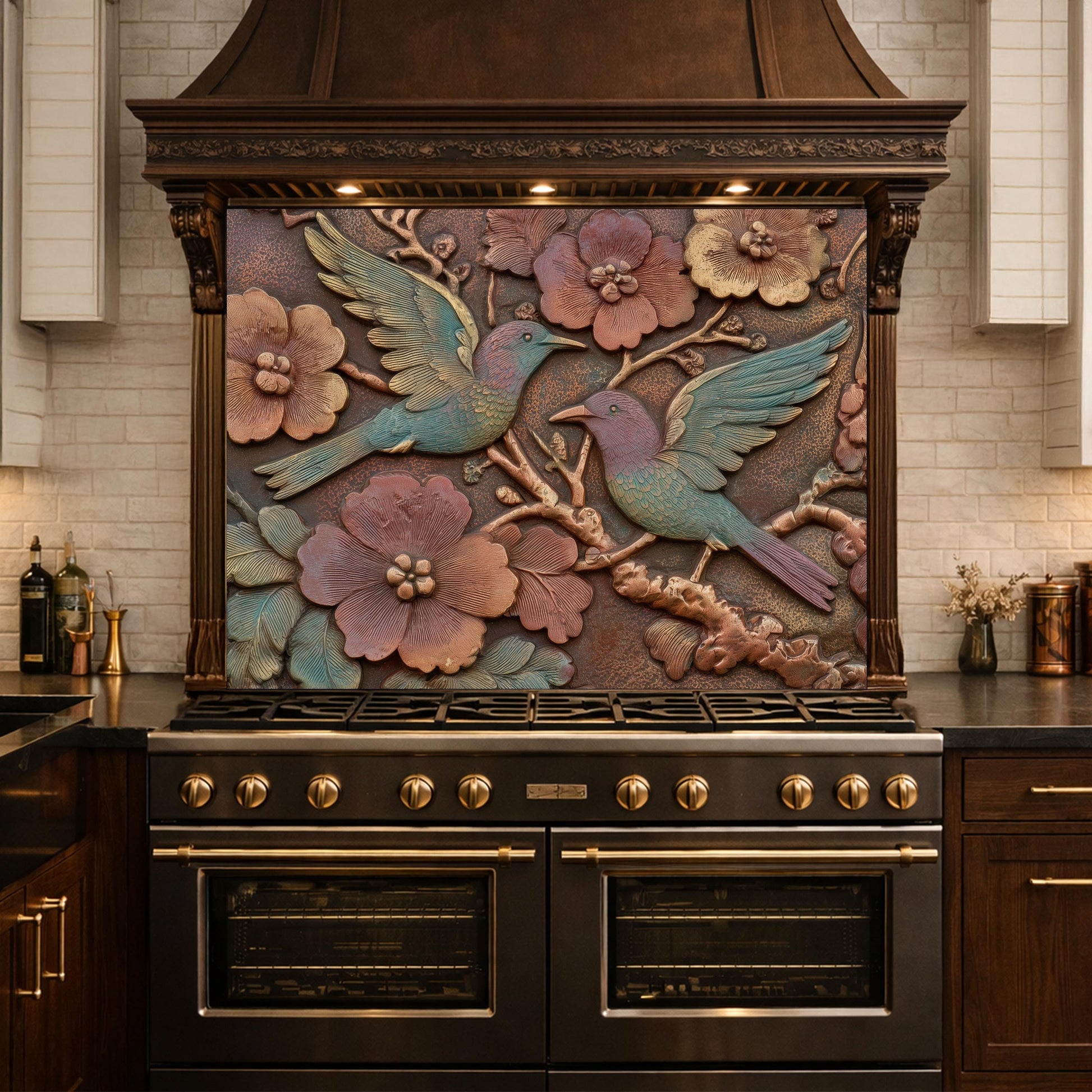 Colorful Songbirds in Copper Floral Relief Tempered Glass Backsplash, Rustic Botanical Wall Panel