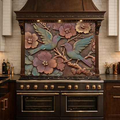 Colorful Songbirds in Copper Floral Relief Tempered Glass Backsplash, Rustic Botanical Wall Panel