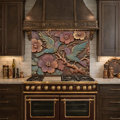 Colorful Songbirds in Copper Floral Relief Tempered Glass Backsplash, Rustic Botanical Wall Panel