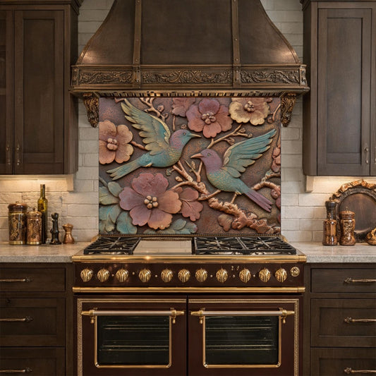 Colorful Songbirds in Copper Floral Relief Tempered Glass Backsplash, Rustic Botanical Wall Panel