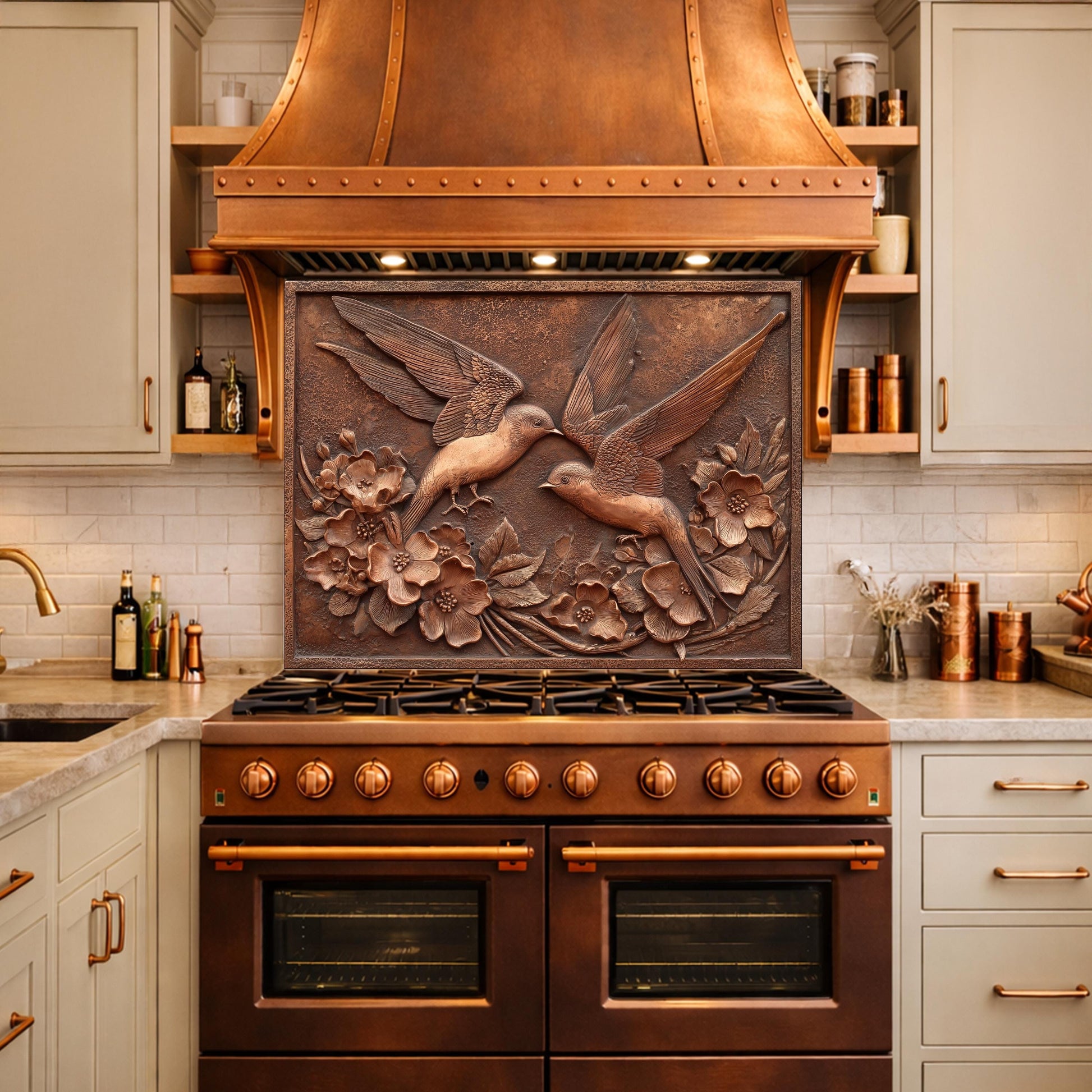 Copper Birds and Rose Relief Tempered Glass Backsplash, Rustic Metal Floral Wall Panel