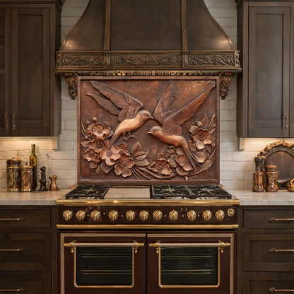 Copper Birds and Rose Relief Tempered Glass Backsplash, Rustic Metal Floral Wall Panel