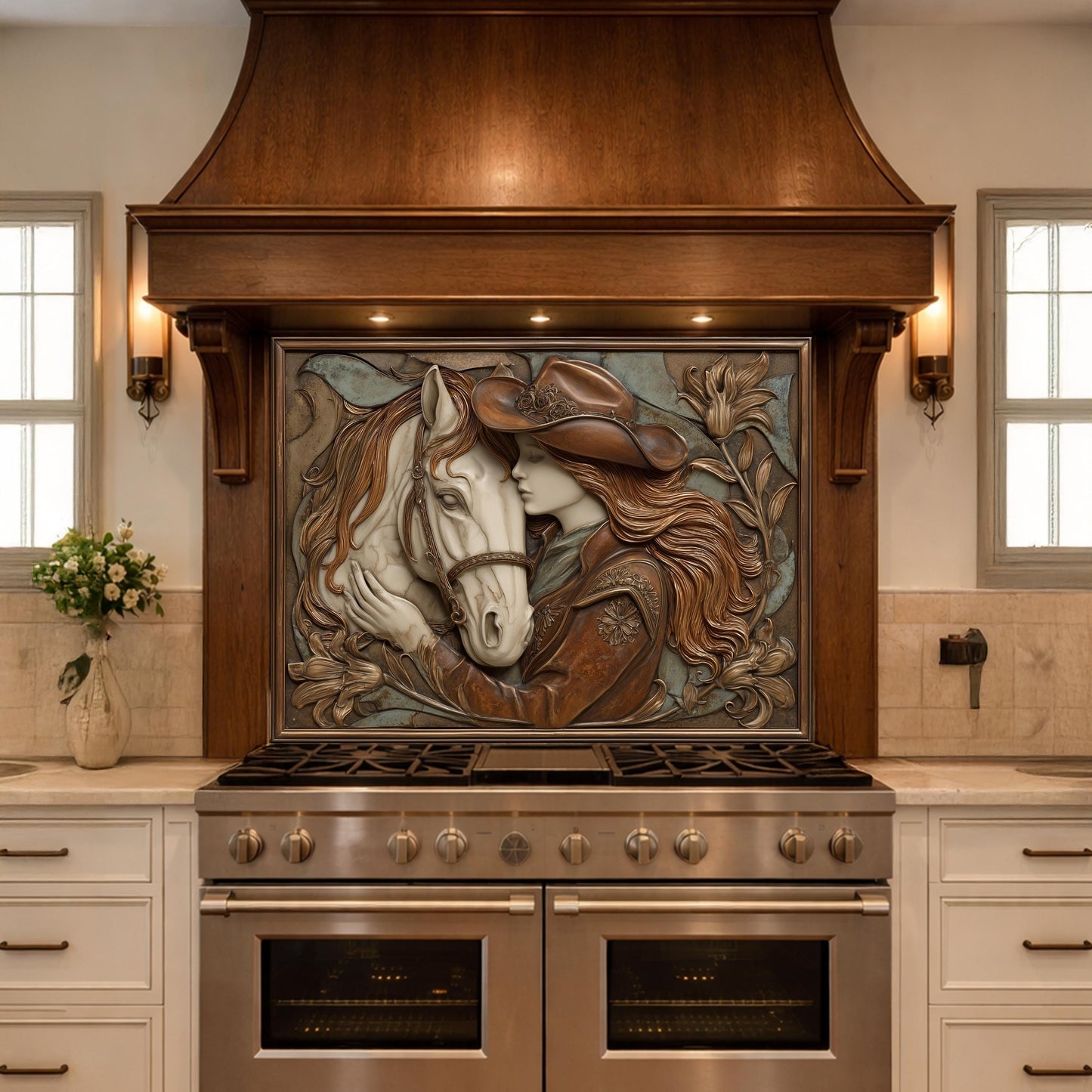 Cowgirl and Horse Bond Tempered Glass Backsplash, Western Relief Wall Panel, Stove Guard