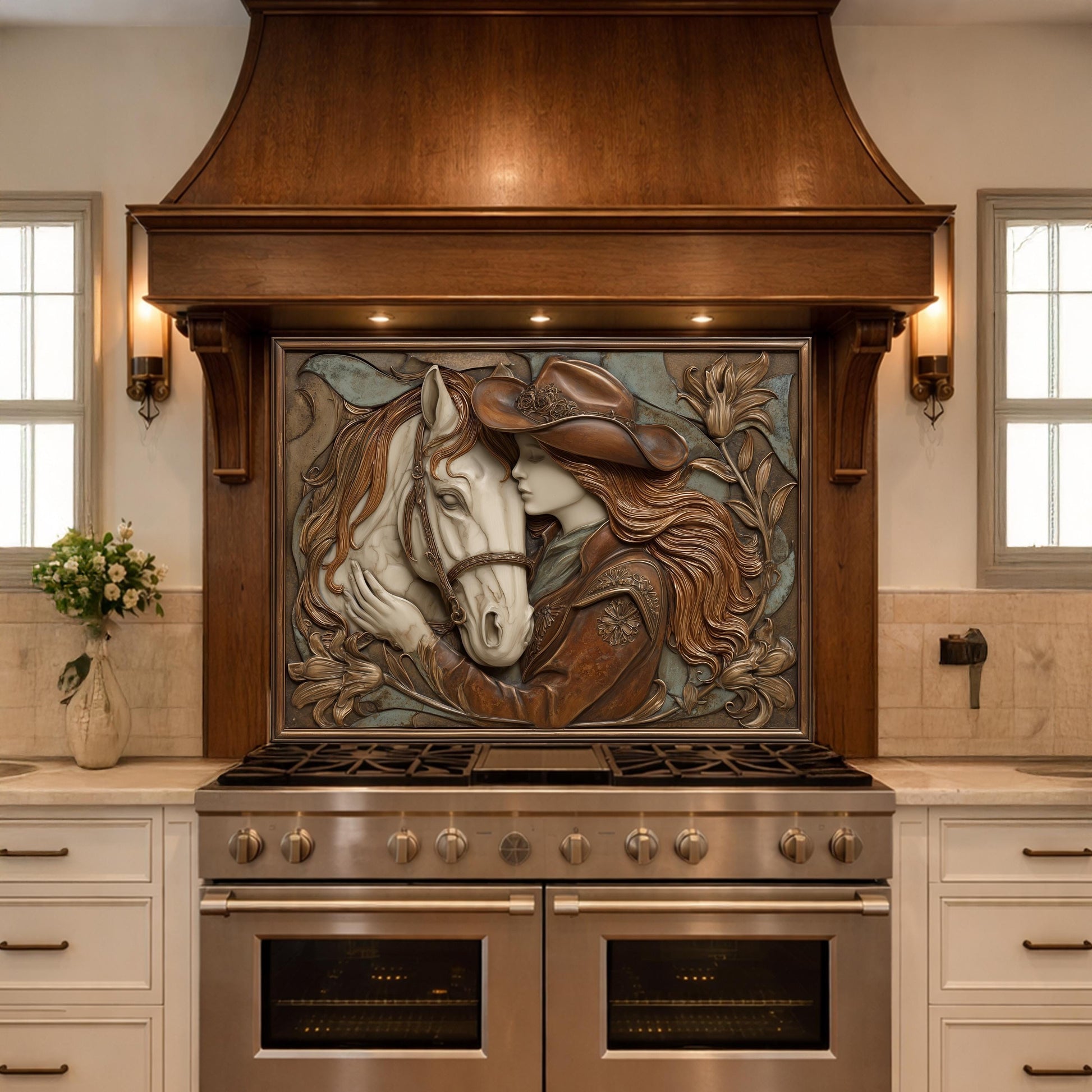 Cowgirl and Horse Bond Tempered Glass Backsplash, Western Relief Wall Panel, Stove Guard