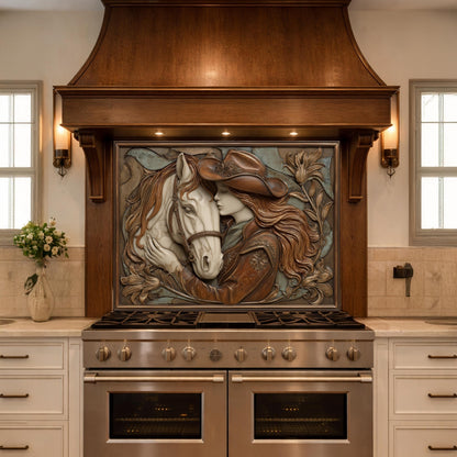 Cowgirl and Horse Bond Tempered Glass Backsplash, Western Relief Wall Panel, Stove Guard