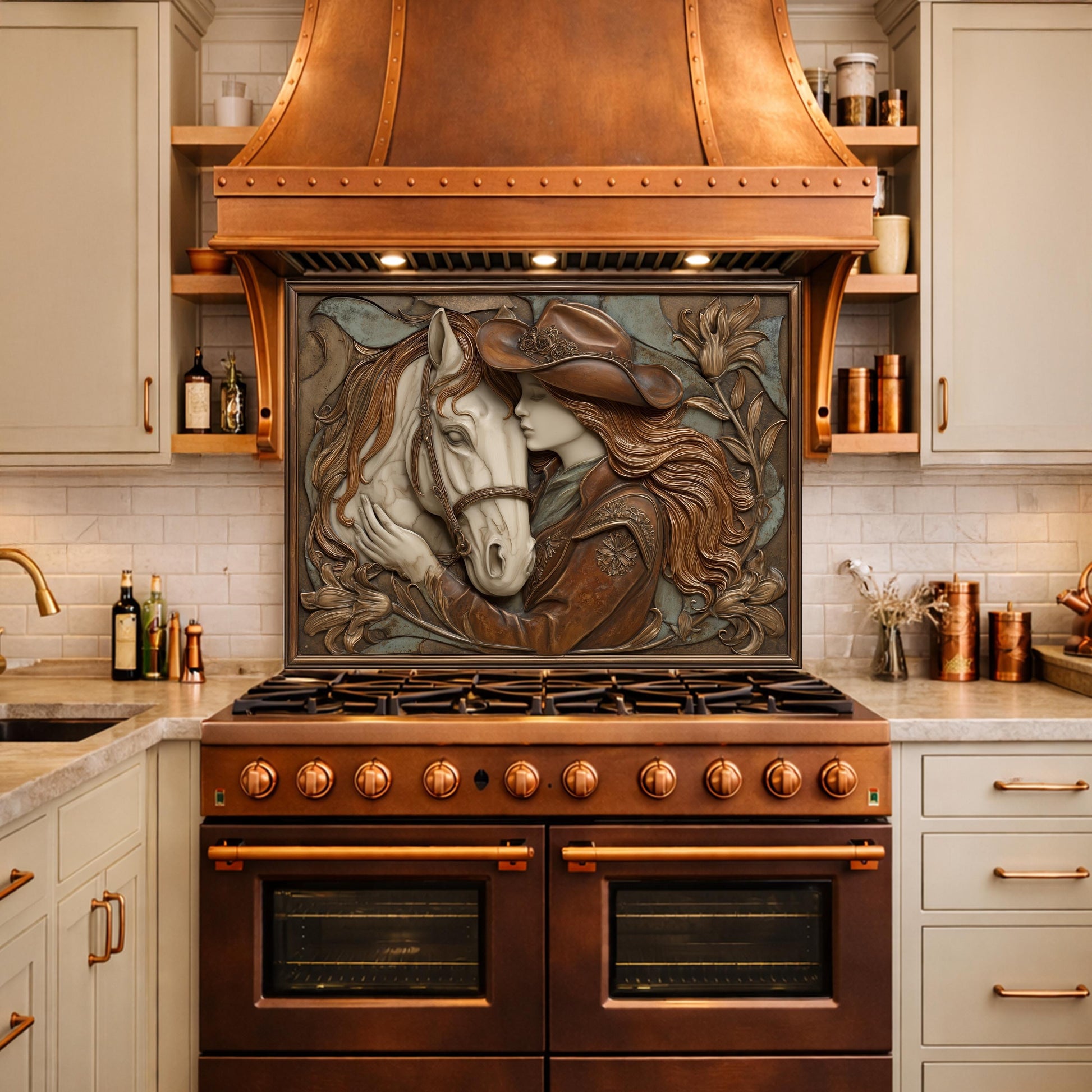 Cowgirl and Horse Bond Tempered Glass Backsplash, Western Relief Wall Panel, Stove Guard