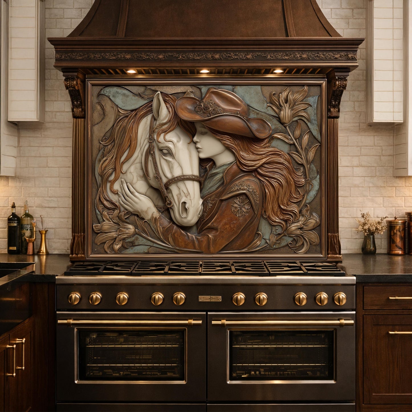 Cowgirl and Horse Bond Tempered Glass Backsplash, Western Relief Wall Panel, Stove Guard