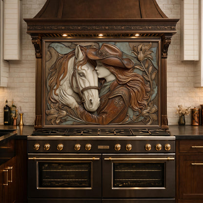 Cowgirl and Horse Bond Tempered Glass Backsplash, Western Relief Wall Panel, Stove Guard