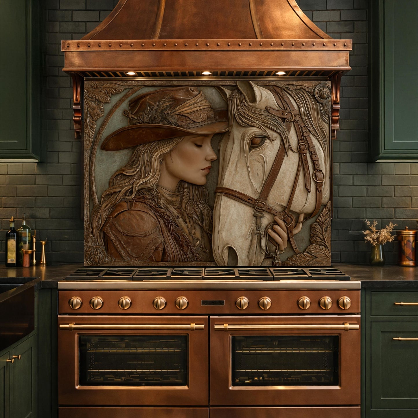 Western Cowgirl and Horse Tempered Glass Backsplash, Rustic Wood Carved Wall Panel, Stove Guard