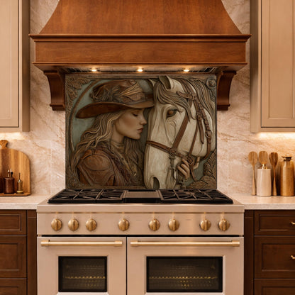 Western Cowgirl and Horse Tempered Glass Backsplash, Rustic Wood Carved Wall Panel, Stove Guard