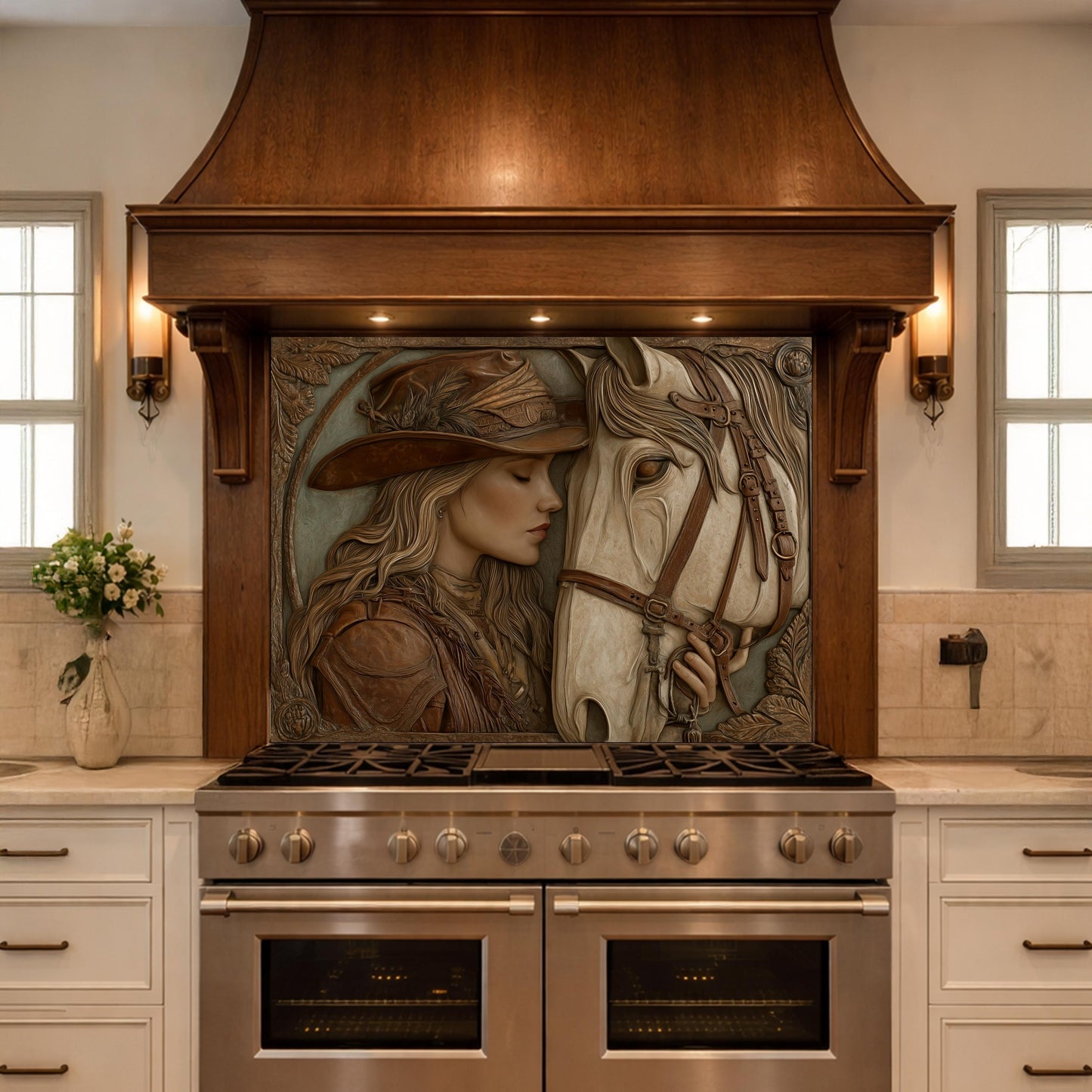 Western Cowgirl and Horse Tempered Glass Backsplash, Rustic Wood Carved Wall Panel, Stove Guard