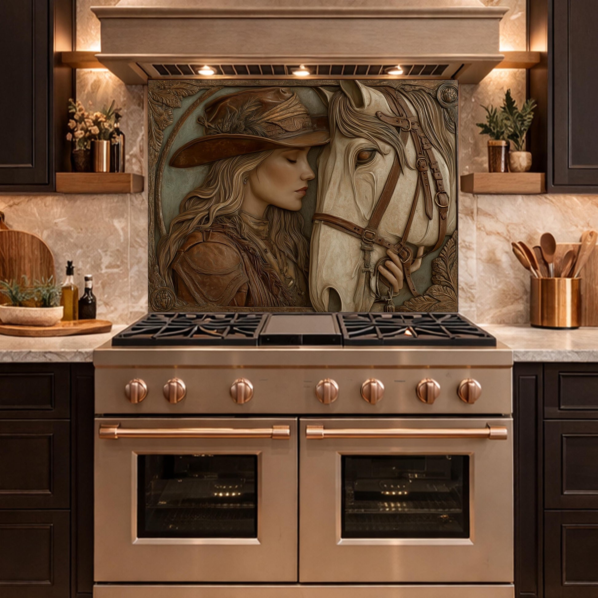 Western Cowgirl and Horse Tempered Glass Backsplash, Rustic Wood Carved Wall Panel, Stove Guard