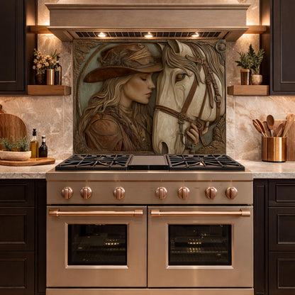 Western Cowgirl and Horse Tempered Glass Backsplash, Rustic Wood Carved Wall Panel, Stove Guard