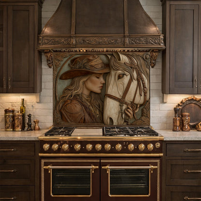 Western Cowgirl and Horse Tempered Glass Backsplash, Rustic Wood Carved Wall Panel, Stove Guard