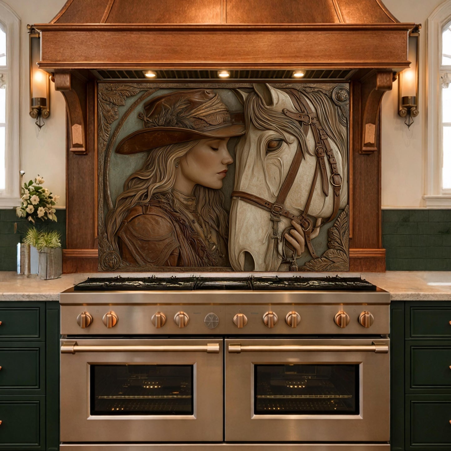 Western Cowgirl and Horse Tempered Glass Backsplash, Rustic Wood Carved Wall Panel, Stove Guard