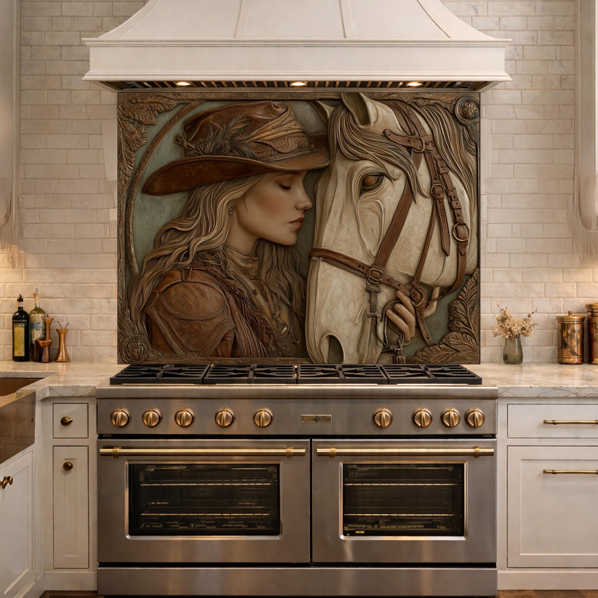 Western Cowgirl and Horse Tempered Glass Backsplash, Rustic Wood Carved Wall Panel, Stove Guard