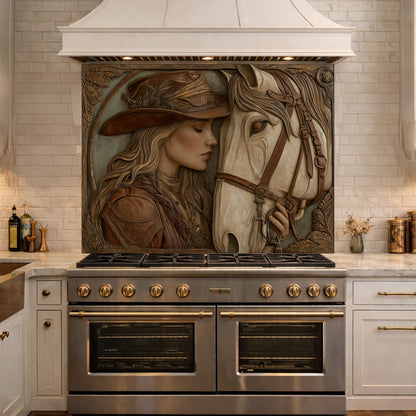 Western Cowgirl and Horse Tempered Glass Backsplash, Rustic Wood Carved Wall Panel, Stove Guard