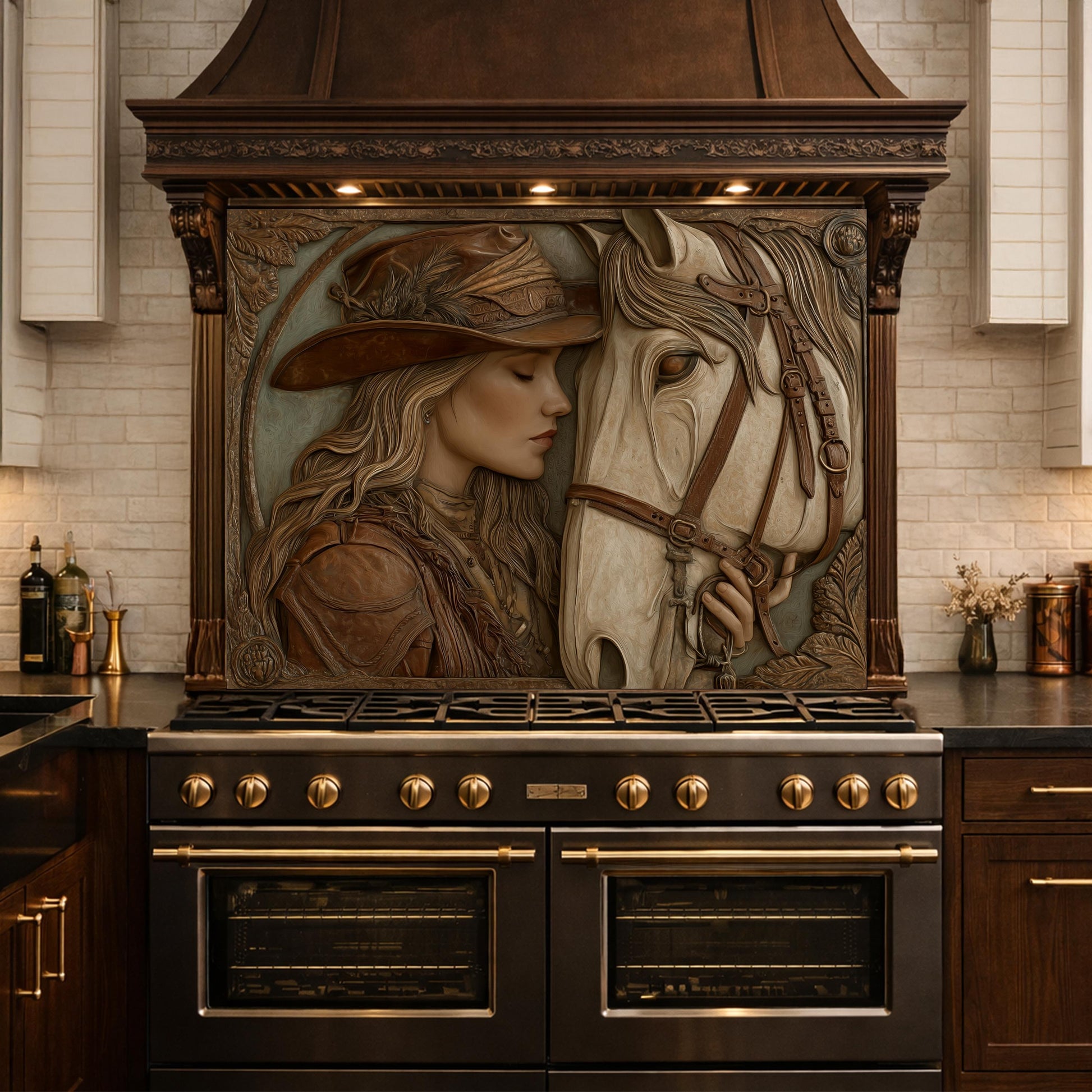 Western Cowgirl and Horse Tempered Glass Backsplash, Rustic Wood Carved Wall Panel, Stove Guard