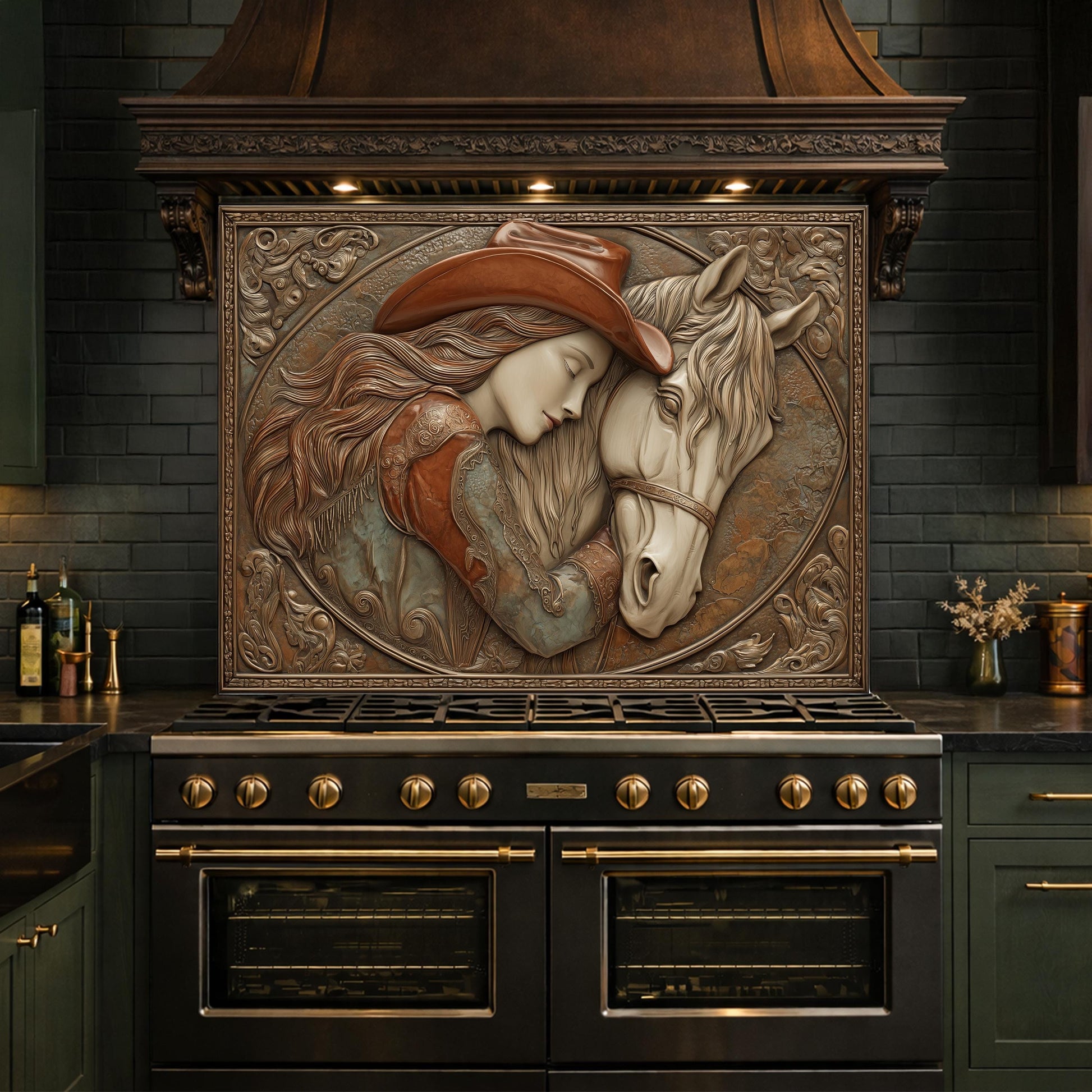 Romantic Cowgirl and Horse Bond Tempered Glass Backsplash, Rustic Western Relief Wall Panel