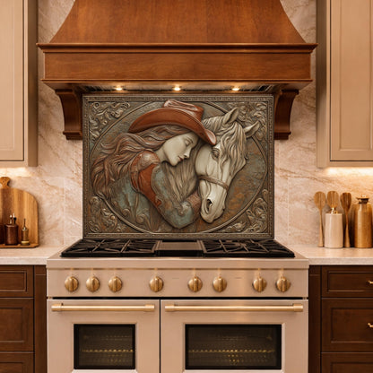 Romantic Cowgirl and Horse Bond Tempered Glass Backsplash, Rustic Western Relief Wall Panel
