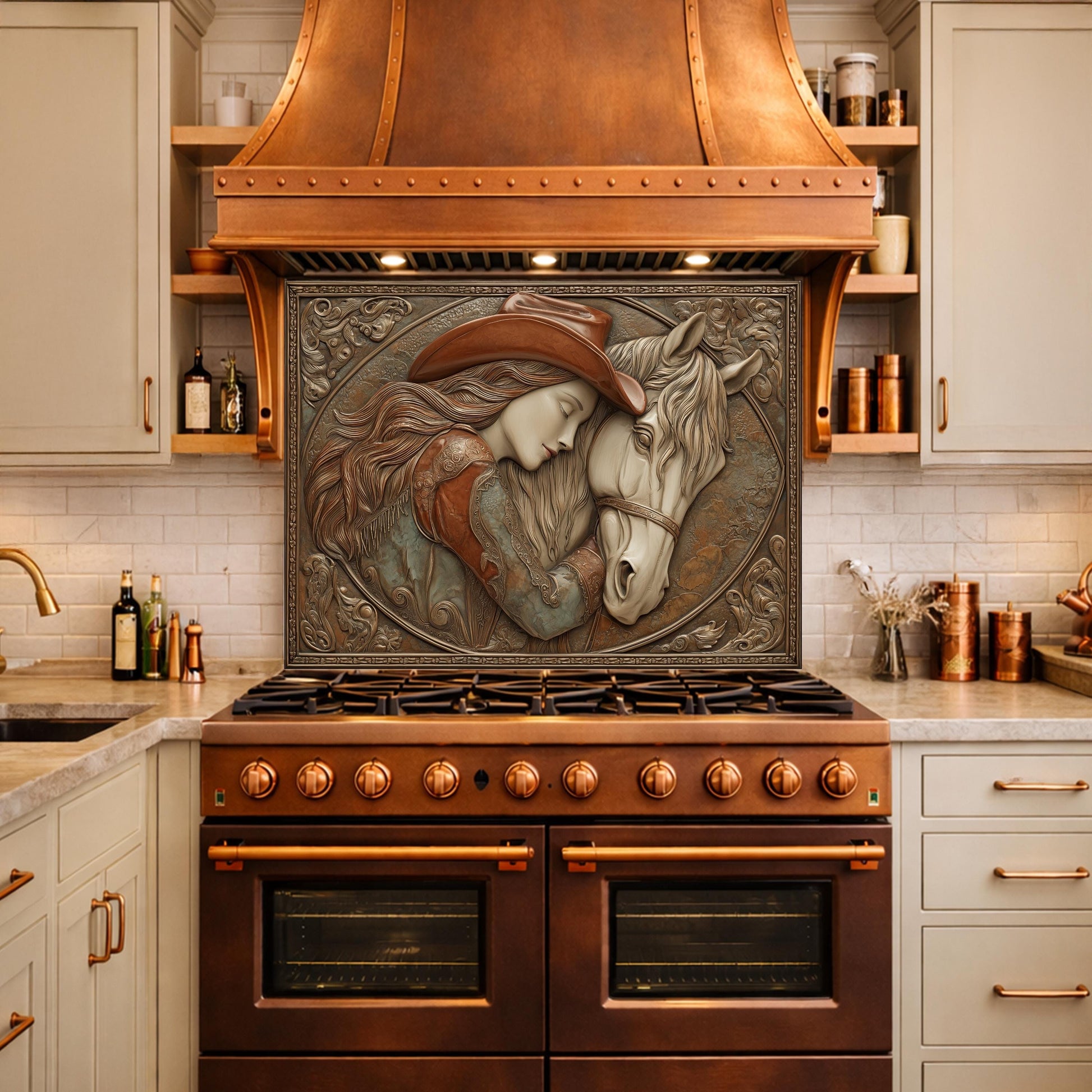 Romantic Cowgirl and Horse Bond Tempered Glass Backsplash, Rustic Western Relief Wall Panel