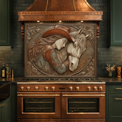 Romantic Cowgirl and Horse Bond Tempered Glass Backsplash, Rustic Western Relief Wall Panel