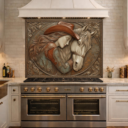Romantic Cowgirl and Horse Bond Tempered Glass Backsplash, Rustic Western Relief Wall Panel