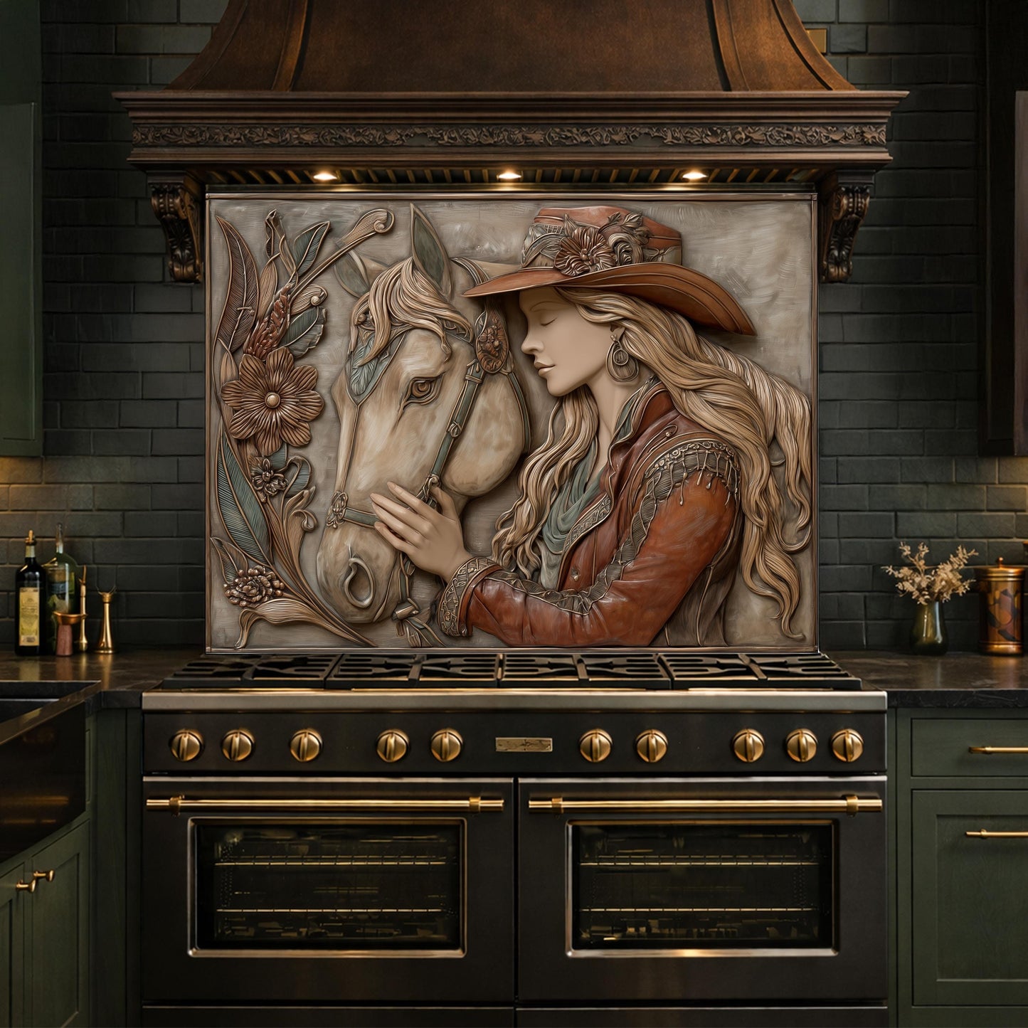 Equestrian Cowgirl Horse Tempered Glass Backsplash, Rustic Wood Relief Wall Panel