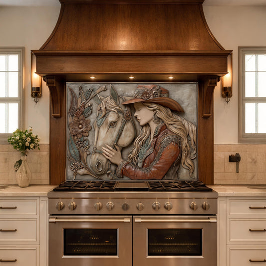 Equestrian Cowgirl Horse Tempered Glass Backsplash, Rustic Wood Relief Wall Panel