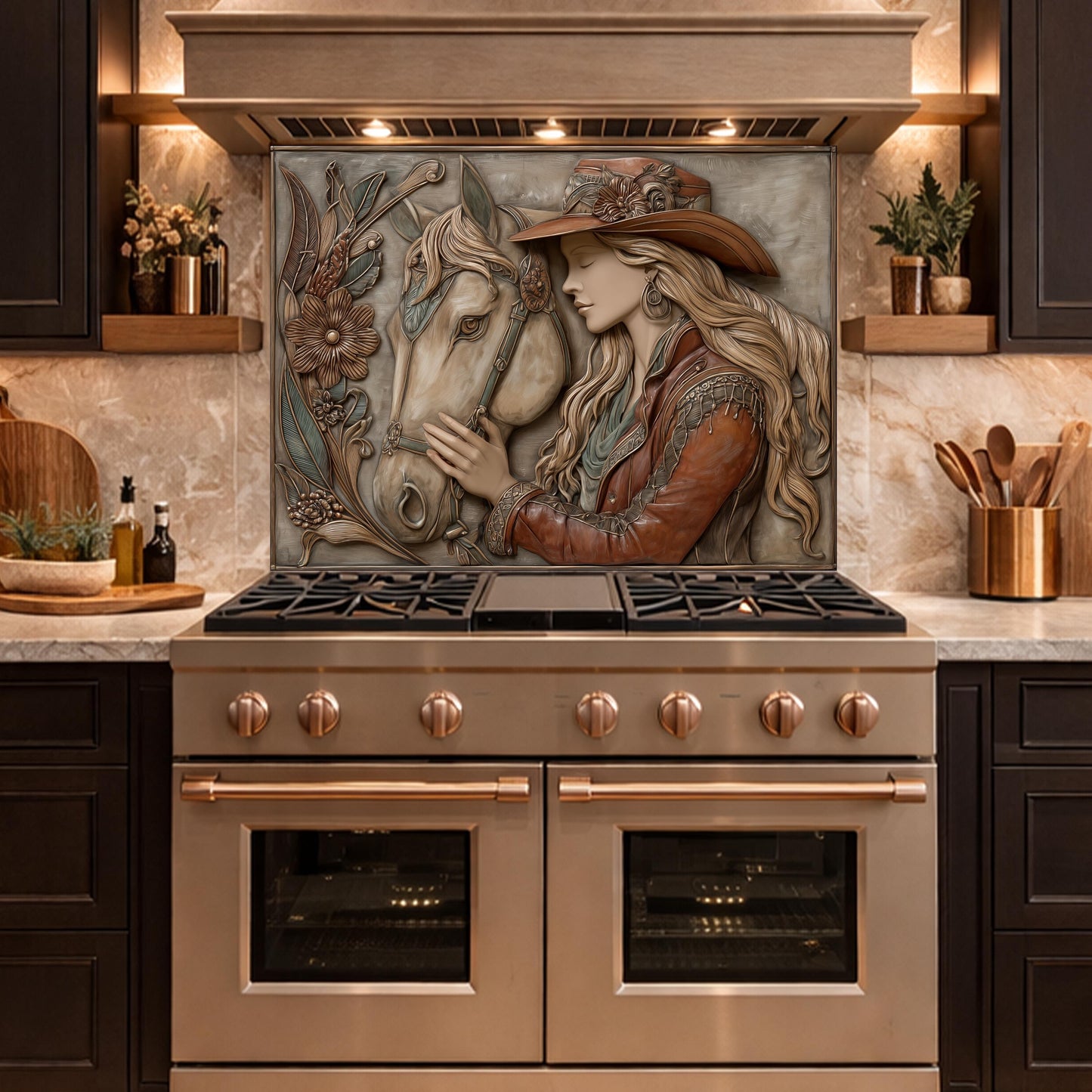 Equestrian Cowgirl Horse Tempered Glass Backsplash, Rustic Wood Relief Wall Panel