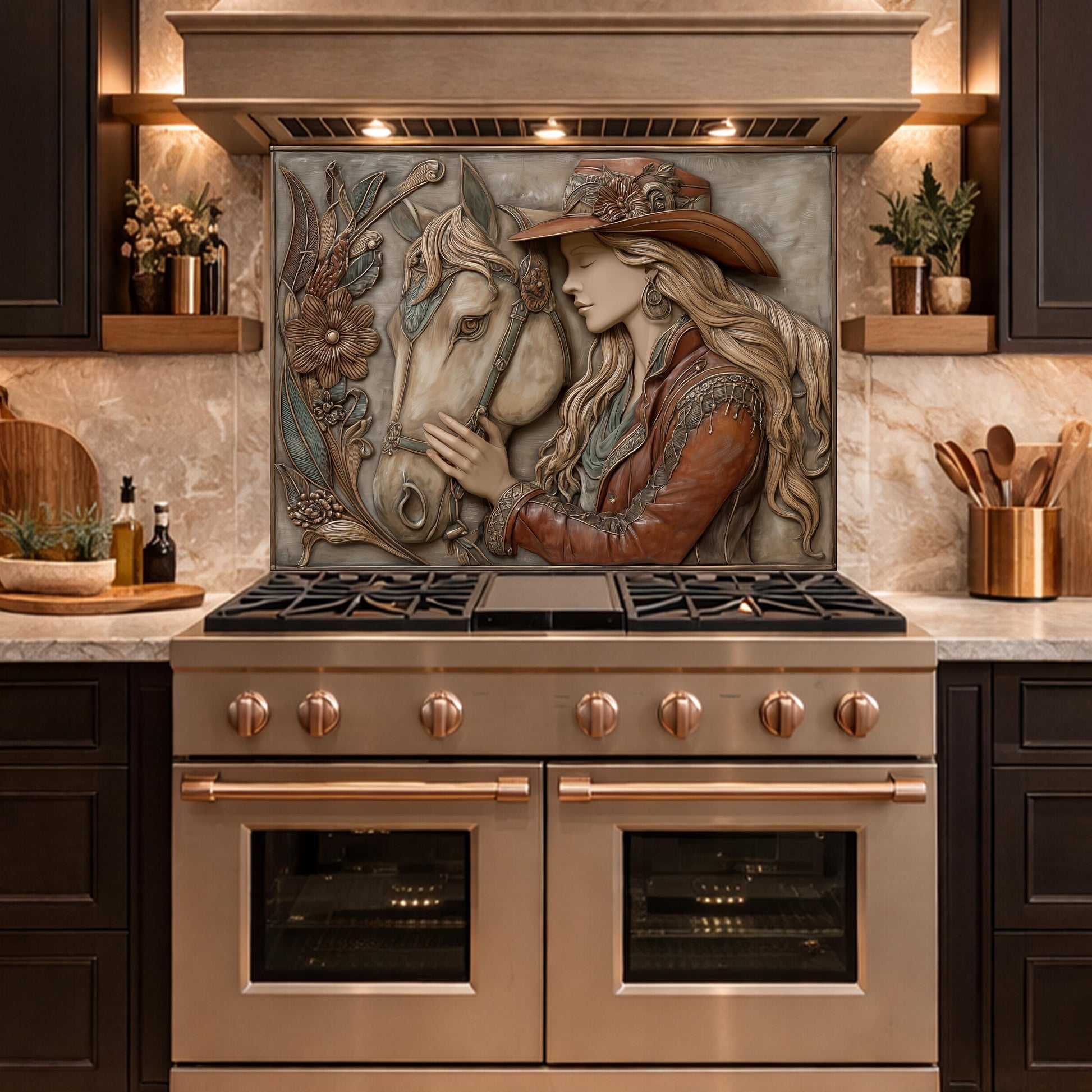 Equestrian Cowgirl Horse Tempered Glass Backsplash, Rustic Wood Relief Wall Panel