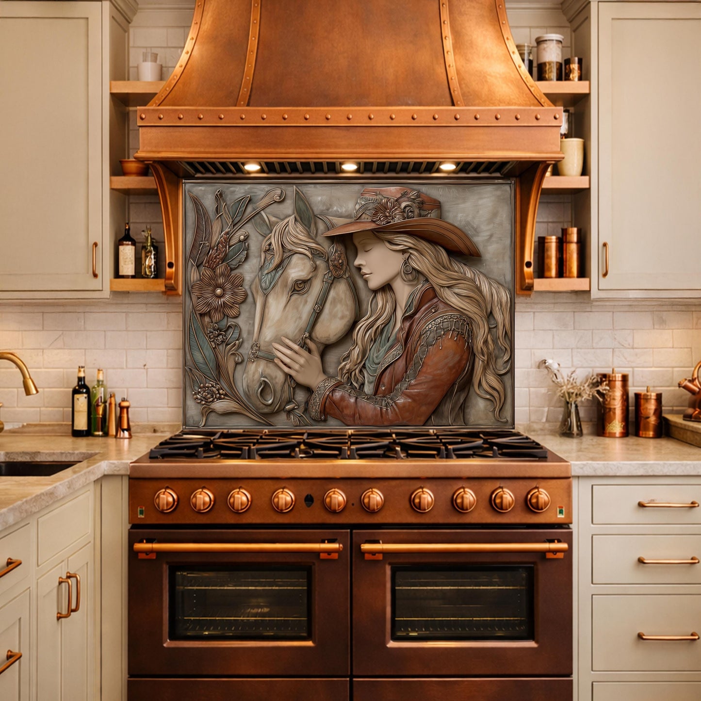 Equestrian Cowgirl Horse Tempered Glass Backsplash, Rustic Wood Relief Wall Panel