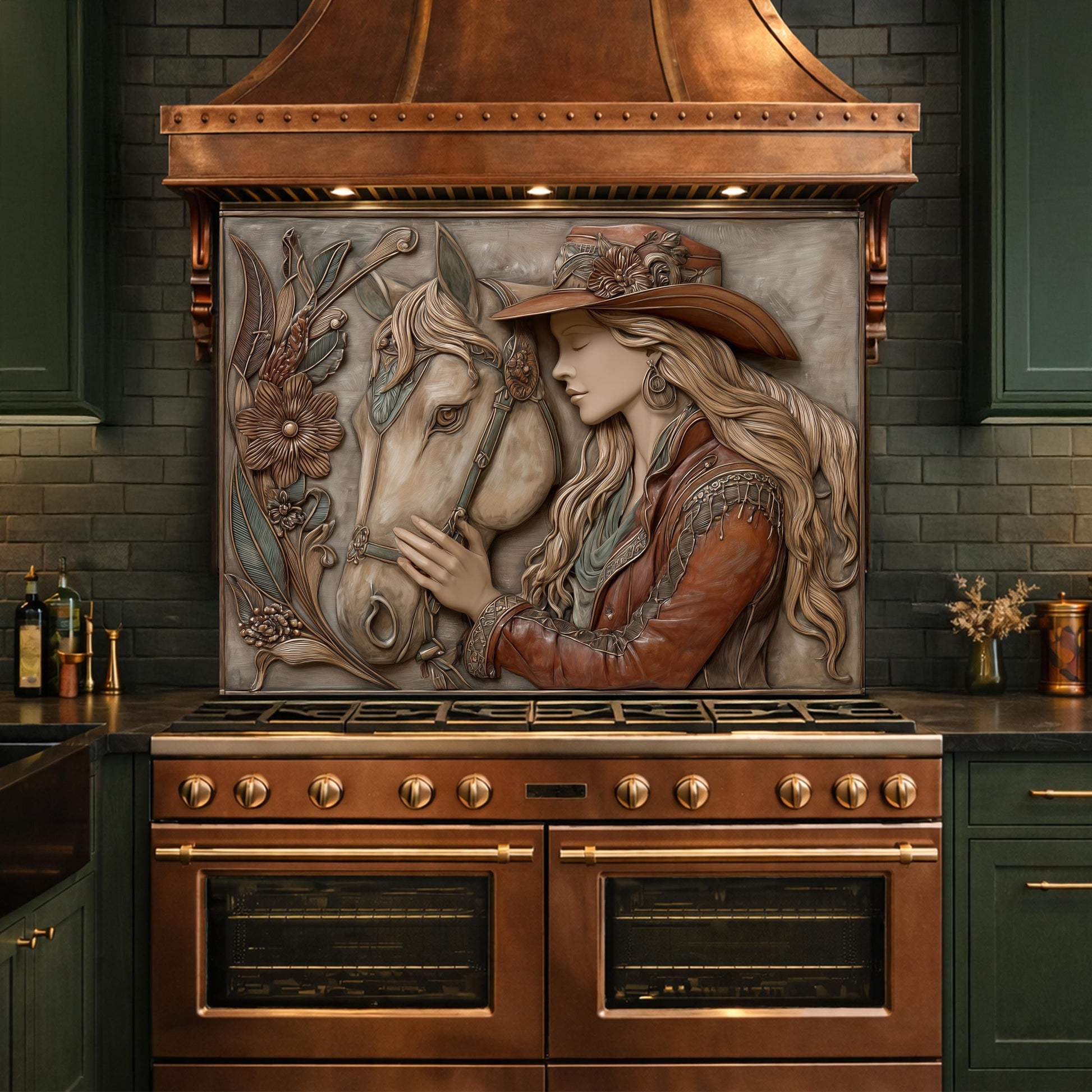 Equestrian Cowgirl Horse Tempered Glass Backsplash, Rustic Wood Relief Wall Panel