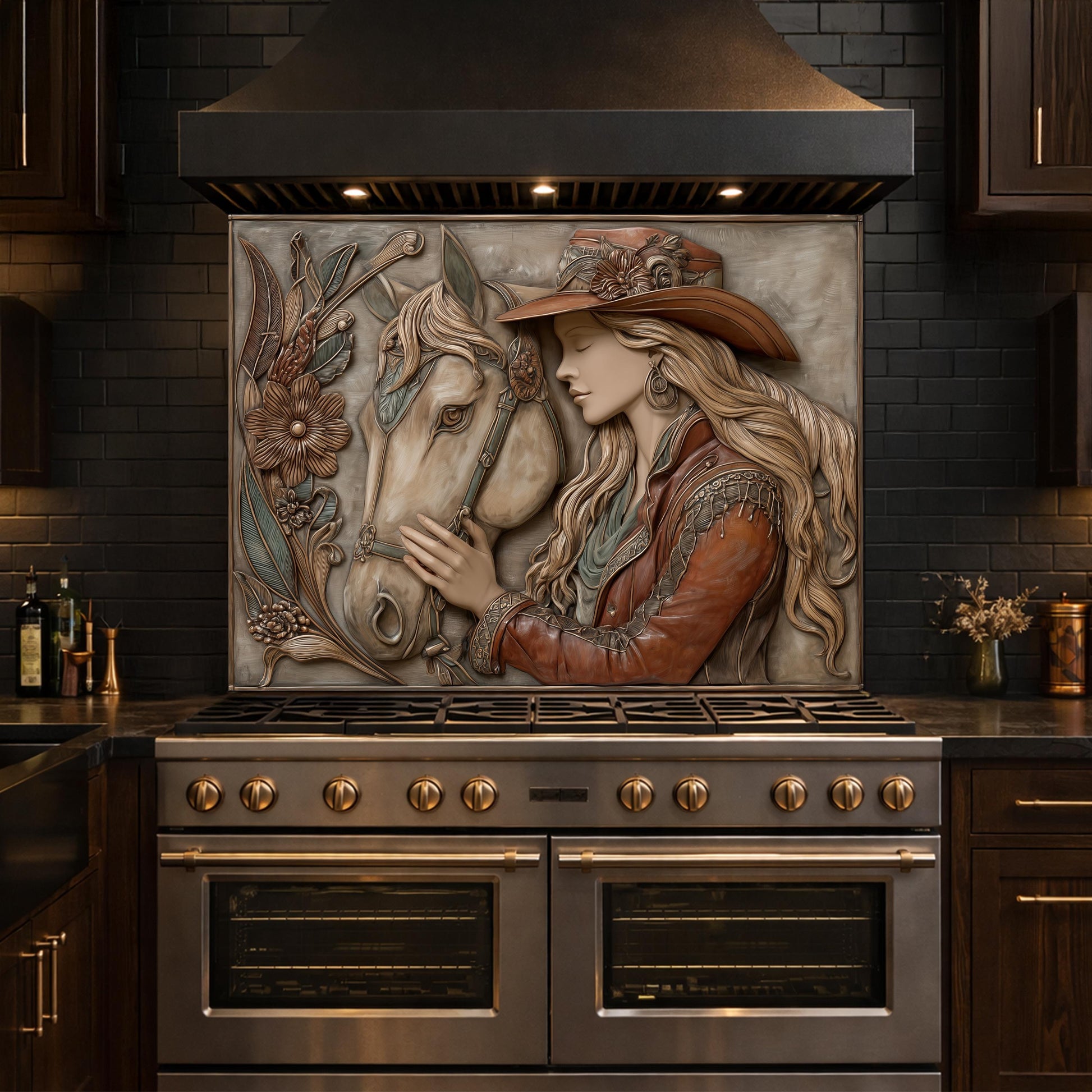 Equestrian Cowgirl Horse Tempered Glass Backsplash, Rustic Wood Relief Wall Panel