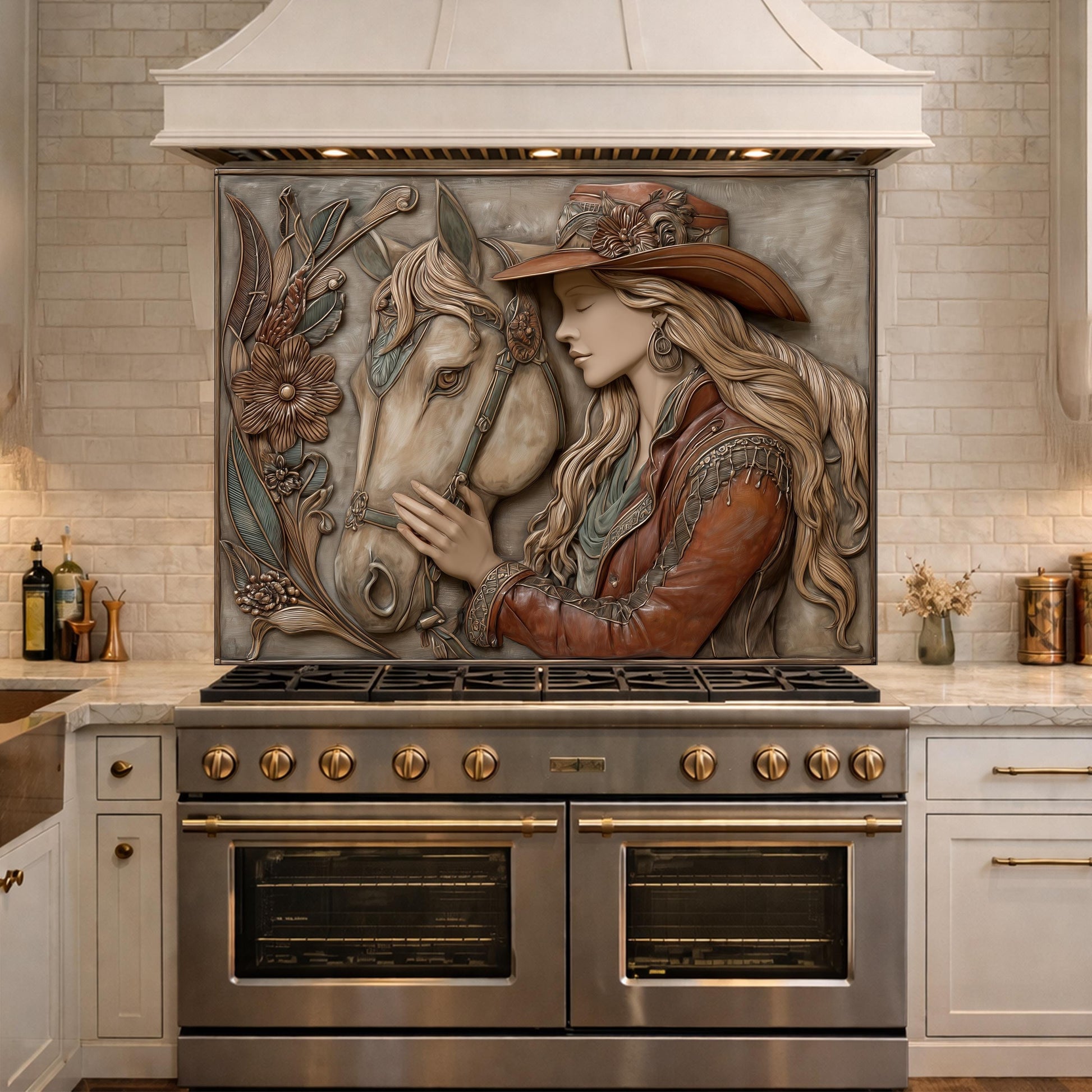 Equestrian Cowgirl Horse Tempered Glass Backsplash, Rustic Wood Relief Wall Panel
