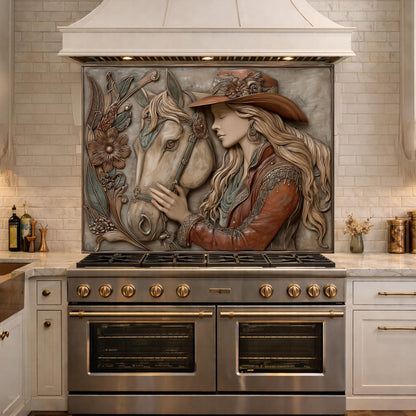 Equestrian Cowgirl Horse Tempered Glass Backsplash, Rustic Wood Relief Wall Panel