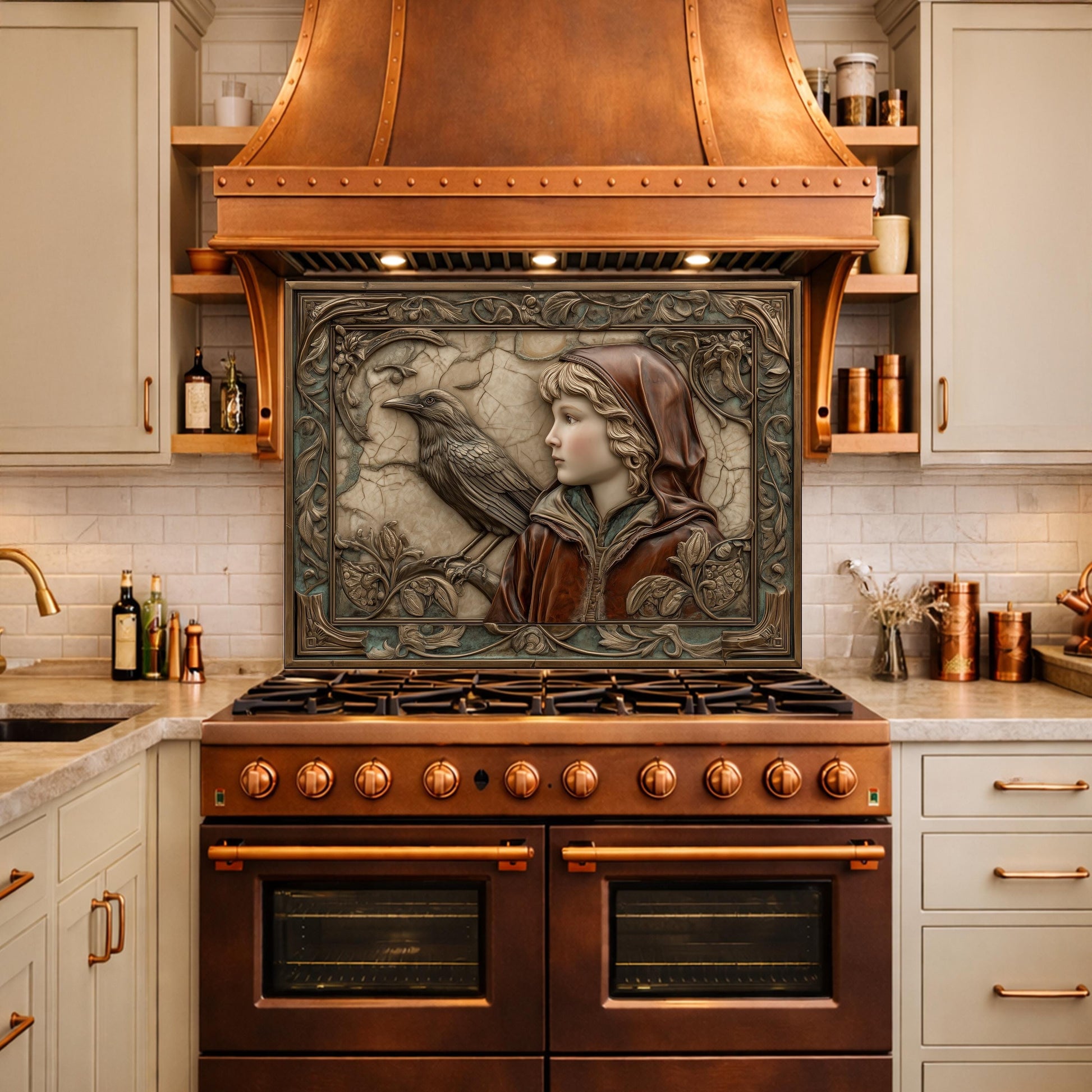 Ethereal Forest Child & Raven Tempered Glass Backsplash, Mythical Relief Wall Panel, Stove Guard