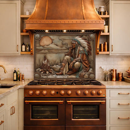 Native American Leader Campfire Relief Tempered Glass Backsplash, Western Heritage Wall Panel, Stove Guard