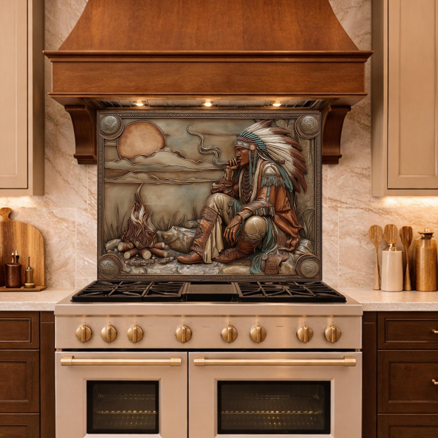 Native American Leader Campfire Relief Tempered Glass Backsplash, Western Heritage Wall Panel, Stove Guard