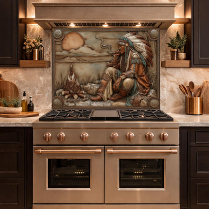 Native American Leader Campfire Relief Tempered Glass Backsplash, Western Heritage Wall Panel, Stove Guard