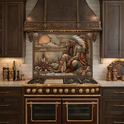 Native American Leader Campfire Relief Tempered Glass Backsplash, Western Heritage Wall Panel, Stove Guard