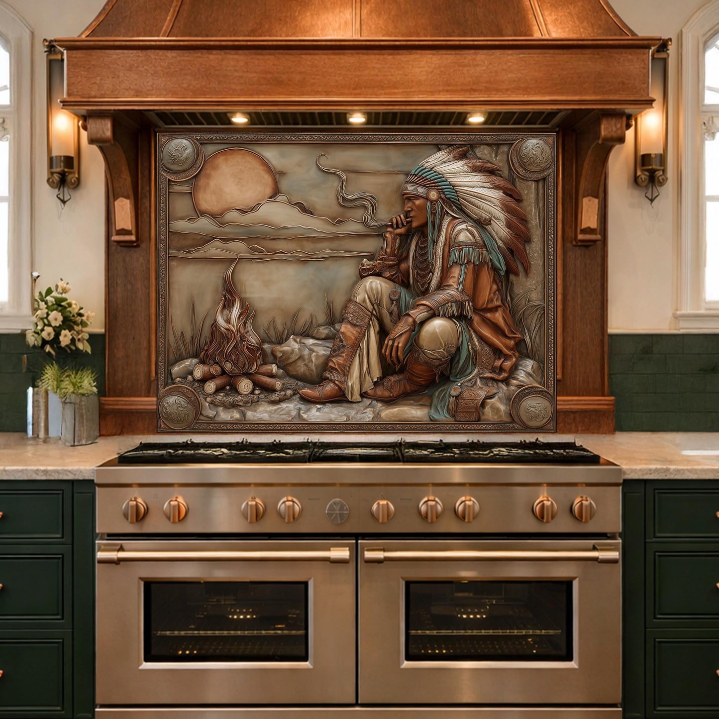 Native American Leader Campfire Relief Tempered Glass Backsplash, Western Heritage Wall Panel, Stove Guard