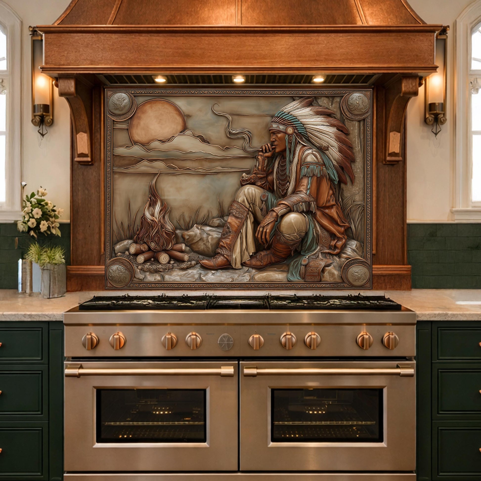 Native American Leader Campfire Relief Tempered Glass Backsplash, Western Heritage Wall Panel, Stove Guard