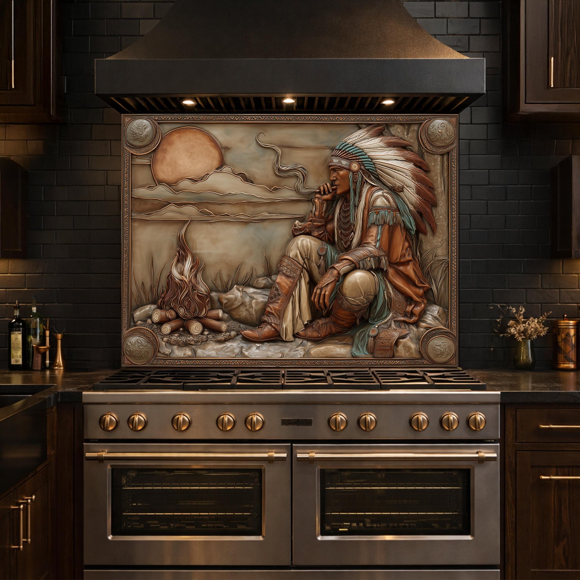 Native American Leader Campfire Relief Tempered Glass Backsplash, Western Heritage Wall Panel, Stove Guard