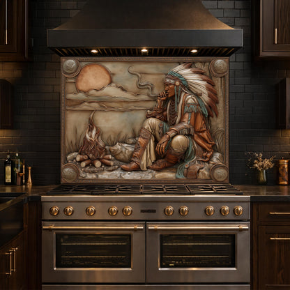 Native American Leader Campfire Relief Tempered Glass Backsplash, Western Heritage Wall Panel, Stove Guard
