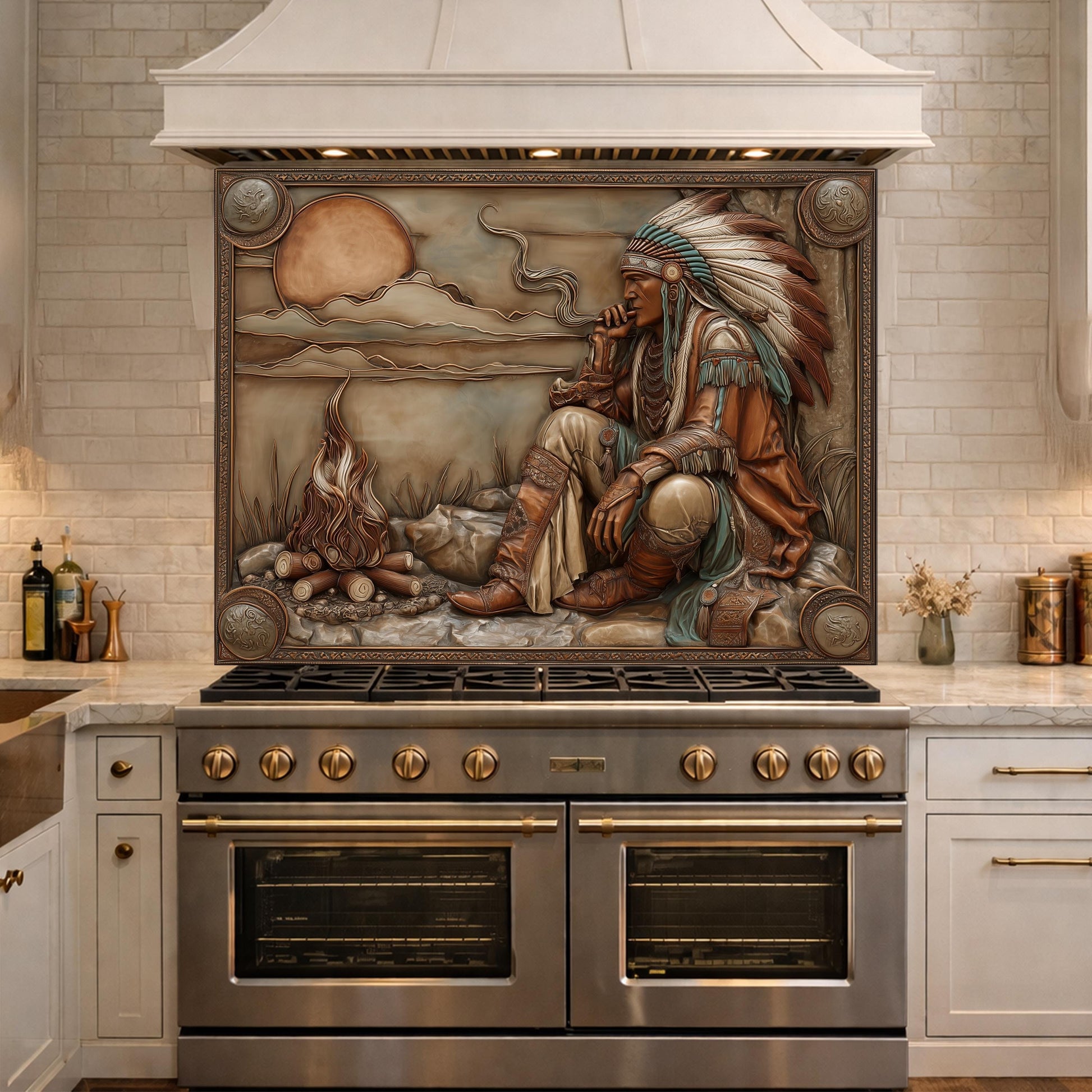 Native American Leader Campfire Relief Tempered Glass Backsplash, Western Heritage Wall Panel, Stove Guard