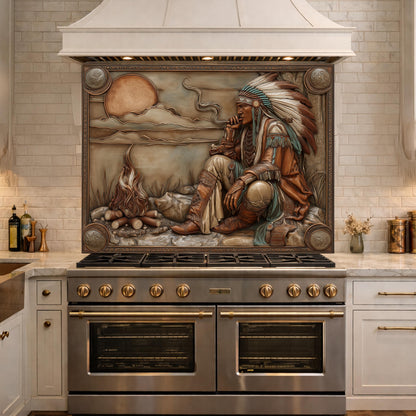 Native American Leader Campfire Relief Tempered Glass Backsplash, Western Heritage Wall Panel, Stove Guard