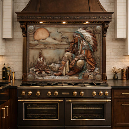 Native American Leader Campfire Relief Tempered Glass Backsplash, Western Heritage Wall Panel, Stove Guard